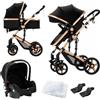 Dziranam Passeggino 3 in 1,passeggino reversibile,telaio triangolare e doppia sospensione a molla,chiusura con un clic per neonati e bambini piccoli(Nero e Oro)