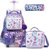 Egchescebo Zaino con Rotelle per Ragazze Carrello Porta Trolley Scuola Primaria Astuccio Bambina Multifunzionale di Sirena Ruote Lunch Box 17" 3PCS Borsa da Scuola a Rullo Ragazza Bambini Viola