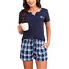 Bresdk Pigiama Donna Estivo Cotone Corto Eleganti Pigiami Due Pezzi Estivi Pantaloncini a Quadri Manica Corta Scollo a V, B - Blu Navy (Manica Corta), S