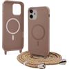 Bigcousin Magnetica Cover con Cordino per iPhone 12 Mini,[Compatibile con MagSafe], Cover in Silicone, Regolabile Cordino da Collo Nylon Catena Collana Tracolla,Marrone