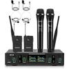 SOWOITIG Microfono lavalier wireless con microfono headset e microfoni palmari - Sistema microfonico UHF professionale a 4 canali, portata 90 m per chiesa, karaoke