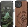kwmobile Custodia Compatibile con iPhone 15 Cover - Back Case in Legno con Bumper in Silicone TPU - Bussola vintage marrone scuro