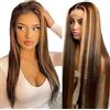 Hxxcoup Straight Human Hair Wig 5x5 Lace Front Parrucca Donna Capelli Veri Umani Wear and Go Glueless Wig P427 Highlight Blond Pre Plucked Hairline with Baby Hair for Woman No Smell 14 Pollici