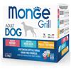 Monge Grill Adult Manzo Merluzzo Pollo e Tacchino 12x100g - Cibo Umido per Cani