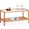 Relaxdays Tavolino da Salotto in Legno, 40 x 80 x 40 cm, Ripiano in Vetro, 2 Mensole, Tavolo Basso da Divano, Naturale