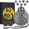 Keller & Weber Set di Dadi Mini DND, Drago Volante Che Tiene La Spada Custodia per Orologio da Tasca, 7 pezzi in Metallo Poliedrico Dadi D&D, Regali di D&D con Regalo, Accessori per Giochi di Ruolo, Argento Scuro