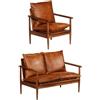 KATERYY Set Divani 2 pz in Vera Pelle e Legno Massello d'Acacia Marrone,Set di divani in vera pelle vintage per relax e comfort 2 posti e poltrona Arredamento, Divani