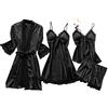 Generic Abito corto da donna in raso di seta abito da notte vestaglia vestaglie in raso lingerie da notte elegante biancheria da notte kimono abito corto lingerie di seta biancheria da notte, Nero , 5XL