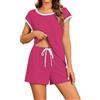Generic Girocollo Due Pezzi Set Donna Pigiama Pantaloncini Set Tinta Unita Co Ord Set Manica Corta Vestiti E Pantaloncini Comfort Due Pezzi Vestito Estate Mezza Manica Tute Leggero Golf Outfit, Rosa acceso
