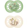 MAM Ciuccio originale in lattice in set da 2 ciucci realizzati con materiali sostenibili e rinnovabili, ciuccio per bambini con tettarella simmetrica e ortodontica, 16 mesi, lupo/coniglietto