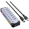 Tlfdknffids Hub USB 3.0, 7 Porte RGB con Striscia LED, modalità Dinamiche, Interruttori, Hub in Alluminio per PC, Laptop, Spina EU