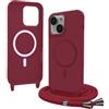 Bigcousin Magnetica Cover con Cordino per iPhone 15 Plus,[Compatibile con MagSafe], Cover in Silicone, Regolabile Cordino da Collo Nylon Catena Collana Tracolla,Rosso