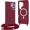 YFSYLL Magnetica Cover per Samsung Galaxy S24 Ultra con Cordino,Compatibile con MagSafe,Silicone Case con Regolabile Cordino da Collo Nylon Catena Collana Tracolla - Rosso
