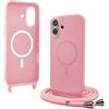Bigcousin Magnetica Cover con Cordino per iPhone 16 Plus,[Compatibile con MagSafe], Cover in Silicone, Regolabile Cordino da Collo Nylon Catena Collana Tracolla,Rosa