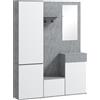 HOMCOM Mobile da Ingresso 4 in 1 con Specchio, Ganci e Ripiani Interni, in Legno, 145x29x184 cm, Grigio e Bianco