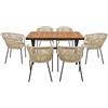 FC Set da pranzo da giardino 7 pezzi, con 6 poltrone e 1 tavolo, corda intrecciata a mano, 140x80x76 cm, Beige