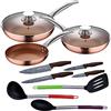 San Ignacio Set 5pz padelle (con coperchio) in alluminio stampato ad induzione con Set 3pz utensili da cucina nylon con Set 4pz coltelli inox