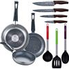 San Ignacio Set 3 padelle (16+20+24 cm) alluminio stampato, induzione, marmo nero con Set 3 utensili da cucina in nylon con Set 4 coltelli in acciaio inox