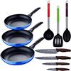 SAN IGNACIO Set 3 padelle (16+20+24 cm) alluminio pressato, induzione, blu navy paradiso con Set 3 utensili da cucina in nylon con Set 4 coltelli in acciaio inox