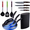 SAN IGNACIO Set 3 padelle (16+20+24 cm) alluminio pressato, induzione, blu navy paradiso con Set 3 utensili da cucina in nylon con Set 4 coltelli in acciaio inox