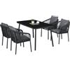 Outsunny Set da Giardino 4 persone in rattan PE con sedie impilabili e cuscini, piano in vetro temperato, struttura in alluminio