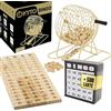 Kyto Grande gioco del bingo dorato in metallo con 150 gettoni, 75 palline e tabellone in legno, 18 cartelle di tombola rigide + extra 500 cartelle in carta, per adulti e bambini