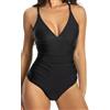 VEINTITRÉS Costume da bagno mestruale intero da donna con controllo della pancia, scollo a V arricciato, per spiaggia, piscina, palestra (Nero, M)