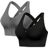 FVXYnnv 2 Pezzi Reggiseno Sportivo Donna, Alto Impatto Push Up Sport Bra Senza Cuciture Senza Ferretto con Cerniera Frontale Chiusura e Imbottito (Nero Grigio, M)