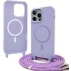 Bigcousin Magnetica Cover con Cordino per iPhone 15 Pro Max,[Compatibile con MagSafe], Cover in Silicone, Regolabile Cordino da Collo Nylon Catena Collana Tracolla,Viola