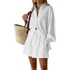 YMING Completi Donna Oversize 2 Pezzi con Coulisse Camicia Manica Lunga a Sbuffo Vita Alta Pantaloncini Tasca Laterale Set Bianco S