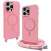CUZZCASE Cover compatibile con iPhone 13 Pro(6.1),Cover Magnetica[Compatibile con MagSafe],Bumper con Laccio,regolabile Lanyard TPU Corda Silicone Case-Rosa Scuro