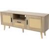 ML DESIGN modern living ML-Design Mobile TV 120x50,5x30 cm Effetto Rovere Tavolo TV con 2 Ante Cassetto Ripiano Pannello TV in Rattan Piedini in Legno Massiccio per Soggiorno Fino a 55 Pollici Cassettiera Tavolino Porta TV
