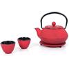 ECHTWERK Servizio da tè in ghisa, teiera 0,8 l con colino rimovibile, sottobicchiere e 2 tazze, set vintage per preparare tè sfuso, rosso