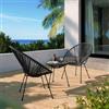 DEGHI Set relax con 2 poltrone e tavolino rotondo 50 cm in metallo nero e corda nera - Kalimba