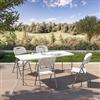 DEGHI Set tavolo da catering pieghevole 180x70 cm con gambe ad L e 4 sedie in acciaio grigio opaco e resina bianco - Tasfa