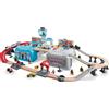 Hape Set Mega Metropoli - Ferrovia da 80 pezzi con trenini, gru, personaggi e scatola multiuso per gioco di ruolo bambini dai 3 anni