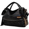 Segater Borsa a tracolla con stampa leopardata da donna Borsa nera borsetta Borse a spalla Borse a mano stile Hobo Borse Tote in pelle PU con paillettes