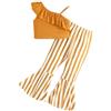 HEOXIN Set di vestiti per bambini, 2 pezzi, pantaloni a zampa, colletto a balze, bretelle senza maniche, abbigliamento estivo, set di pantaloni da ragazza, giallo, 7 anni