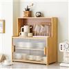 SanBouSi Piccola credenza in bambù per piano di lavoro, buffet, armadio da cucina con ante scorrevoli, ripiani regolabili per barattoli di spezie, utensili da cucina, tazze, oggetti di scena (colore legno)