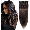 SEGO Extension Capelli Veri Clip 8 Fasce Singole 100% Remy Human Hair Naturali Lisci 50 cm (70 g) #2 Marrone Scuro