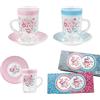 DRW Set di 2 tazze di vetro con piatto di fiori rosa e blu