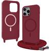 Bigcousin Magnetica Cover con Cordino per iPhone 15 Pro Max,[Compatibile con MagSafe], Cover in Silicone, Regolabile Cordino da Collo Nylon Catena Collana Tracolla,Rosso