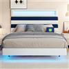 WOBOPCG Letto Imbottito Matrimoniale 140x190,Letto Matrimoniale 140x190 con USB e LED letto Imbottito con Testiera Struttura Bed con Doghe Testiera Regolabili,Velluto (bianco sporco + blu, 140x190 cm)