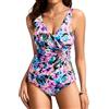 Kate Kasin Bikini intero da donna Curvy, costume da bagno per il controllo della pancia, scollo a V, costume da bagno increspato, Floreale colorato, M