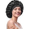 Umisleep 100 % seta di gelso 22 Momme grande Cuffie doccia in seta per dormire, doppio strato, antiscivolo e traspirante, con fascia regolabile per capelli lunghi e ricci, nero