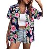 MYHALF Camicie hawaiane da Donna: Top con Stampa Floreale Tropicale con Bottoni a Maniche Corte con Scollo a V, Fiore Nero e Rosa., L