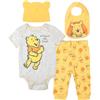 Disney Winnie The Pooh - Set completo per bambini e bambine, con tutina, pantaloni, bavaglino e cappello, Giallo, 6-9 Months