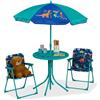 Relaxdays Tavolo Bambini con Ombrellone, Set con 2 Sedie, da Campeggio e Giardino, Tavolino Picnic, Dinosauri, Turchese