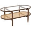 LIFEZEAL Tavolino Salotto, in Legno Massello e Vetro, Tavolino da Caffè, da Soggiorno, Moderno, Basso, Ovale, a 2 Ripiani, con Decorazione in Rattan, Max 90 kg, 102x46x47 cm, Marrone Rustico