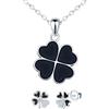 MICMIF Argento 925 set di collana e orecchini con quadrifoglio nero, Parure di gioielli da donna, Orecchini a perno con quadrifoglio nero, Collana con ciondolo quadrifoglio nero